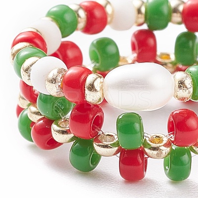 2Pcs 2 Style Shell Pearl & Glass Seed & Brass Braided Rings RJEW-TA00030-1