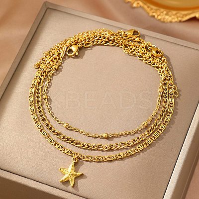 Summer Beach 304 Stainless Steel Starfish Charms 3 Layer Anklets for Women AJEW-F068-01G-1