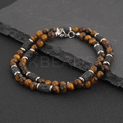 Natural Tiger Eye Round and Lava Rock Column Beaded Necklaces for Men LS-AD4538-2-1