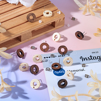 20Pcs 2 Styles Donut Shape Natural Ash Wood Stud Earring Findings EJEW-TA0001-35-1