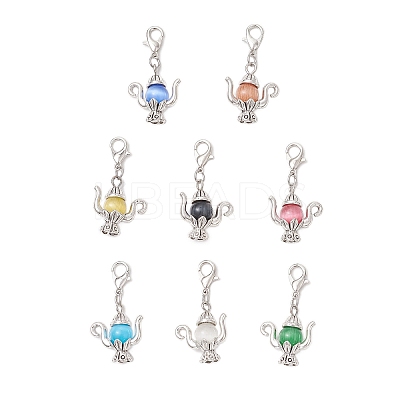Teapot Cat Eye & Tibetan Style Alloy Pendant Decorations HJEW-JM03543-01-S-1