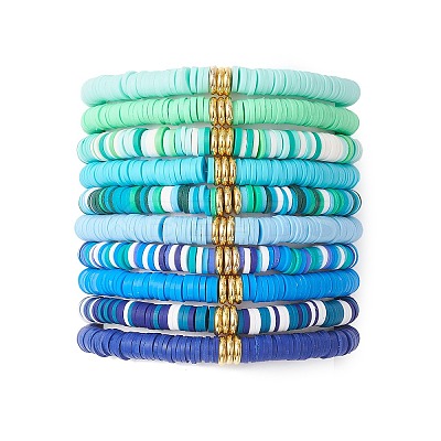10Pcs 10 Colors Handmade Polymer Clay Heishi & Brass Bead Stretch Bracelets for Women BJEW-MZ00198-1