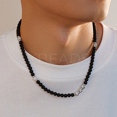 6MM Round Natural Howlite and Frosted Black Stone Beaded Necklaces for Men FQ0489-3-1