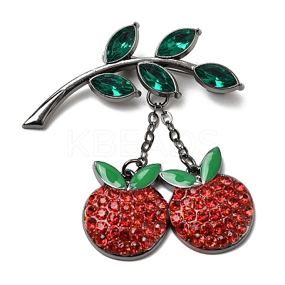 Cherry with Leaf Alloy Rhinestone Hanging Chain Brooch for Backpack Clothes JEWB-L026-07B-1