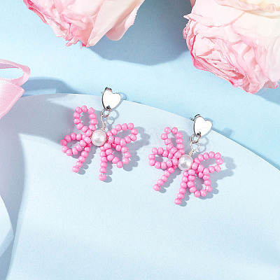 Heart with Bowknot Handmade Glass Seed Beads Dangle Stud Earrings EJEW-MZ00474-04-1
