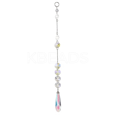 Iridescent Glass Octagon Beads & Teardrop Hanging Suncatchers HJEW-JM04768-1