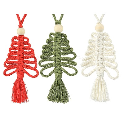 3Pcs 3 Colors Handmade Macrame Cotton Christmas Tree Pendant Decoration HJEW-JM02708-1