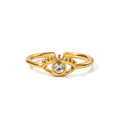 Evil Eye 304 Stainless Steel Micro Pave Clear Cubic Zirconia Adjustable Cuff Rings FS-WGCF674-01-1