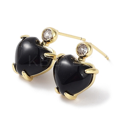 Heart Natural Dyed & Heated Black Agate Dangle Stud Earrings with Cubic Zirconia EJEW-B027-23G-1