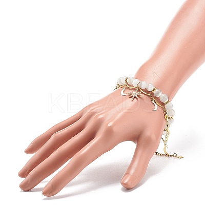 Cat Eye Round Beaded & Brass Link Chain Multi-strand Bracelet BJEW-JB08791-1