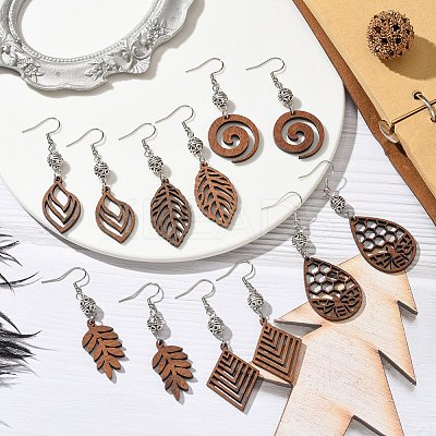 6 Pairs 6 Styles Natural Walnut Wood with Alloy Bead Dangle Earrings for Women EJEW-JE06102-1