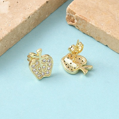 Apple Brass Micro Pave Clear Cubic Zirconia Stud Earrings EJEW-Z144-24G-1