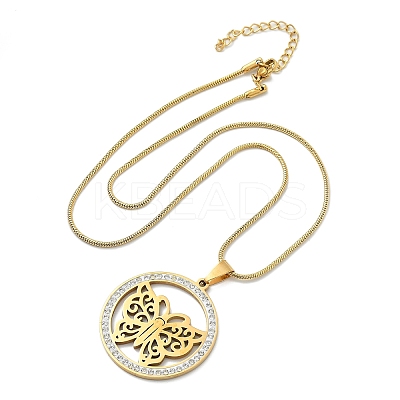 201 Stainless Steel Crystal Rhinestone Ring with Hollow Butterfly Pendant Necklaces for Women NJEW-P327-01G-1
