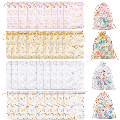 80Pcs 4 Colors Heart Printed Organza Bags OP-BBC0001-50B-1