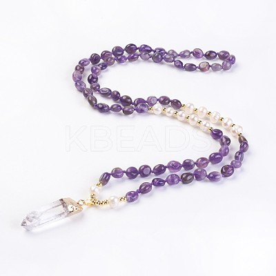 Natural Amethyst and Natural Quartz Crystal Pendant Necklaces NJEW-I220-04-1