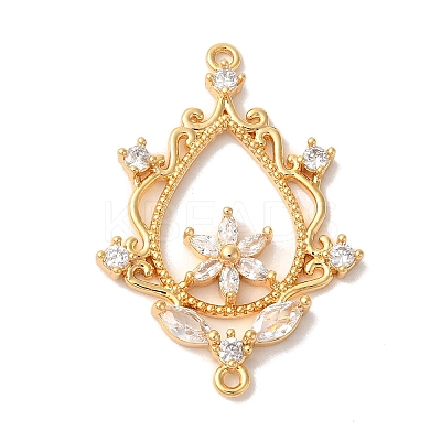 Brass Pave Clear Cubic Zirconia Teardrop with Flower Links Connector Charms KK-M294-16G-1