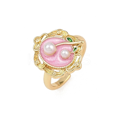 Brass Pearl Pink Enamel Flower Cuff Rings RJEW-C139-18A-G-1