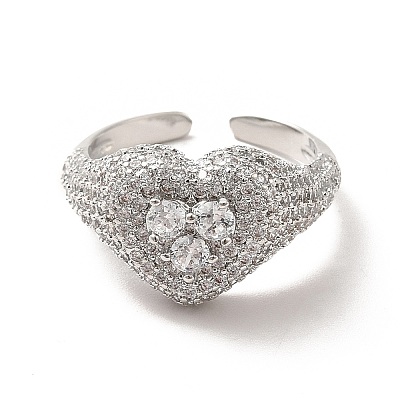 Cubic Zirconia Heart Open Cuff Ring RJEW-C041-04P-05-1