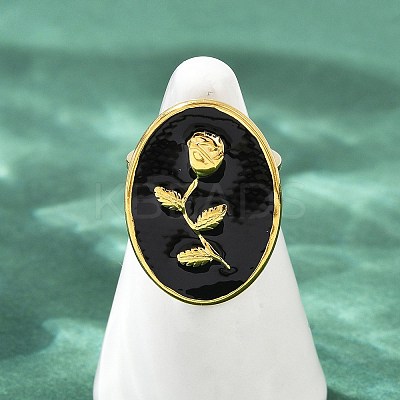 Oval with Rose Pattern 304 Stainless Steel Enamel Finger Rings for Women RJEW-G355-10G-1