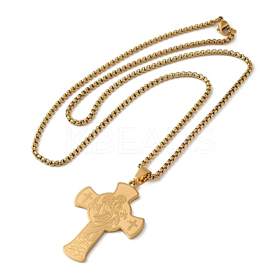 Saint Christopher Cross 201 Stainless Steel Box Chain Pendant Necklaces for Women and Men LS-NJEW-F324-01G-1