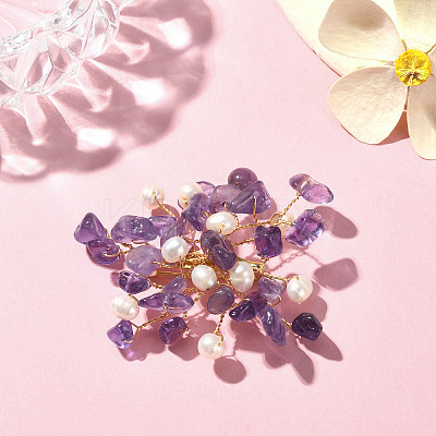 Natural Mixed Gemstone Chips & Pearl Beaded Flower Brooch Pin JEWB-BR00098-1