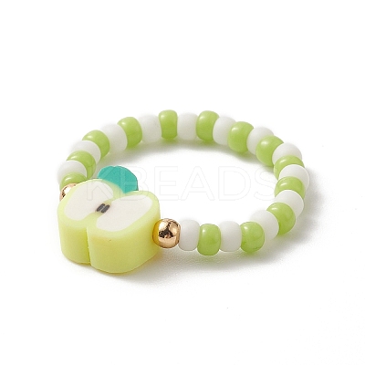 6Pcs 6 Style Strawberry & Watermelon & Kiwi & Apple & Lemon Polymer Clay & Glass Seed Stretch Rings Set RJEW-TA00070-1