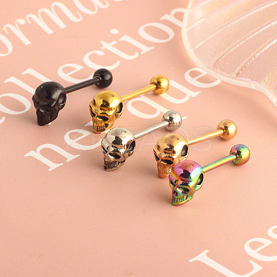 Skull 304 Stainless Steel Straight Barbell 15 Gauge Piercing Tongue Rings for Women Men FS-WG07D05-04-1