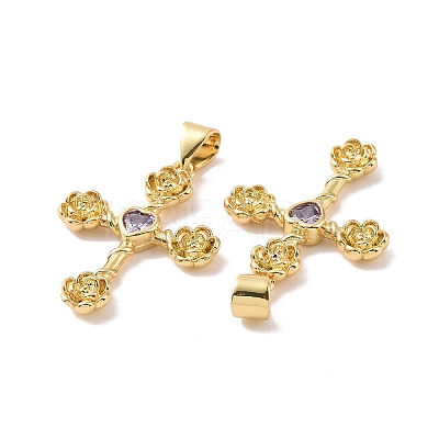 Cross with Flower Brass Micro Pave Cubic Zirconia Pendants KK-G435-06G-05-1