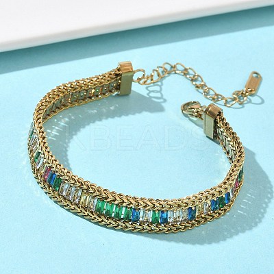 304 Stainless Steel & Glass Wheat Chain Double Layers Bracelets for Women BJEW-F540-08G-1