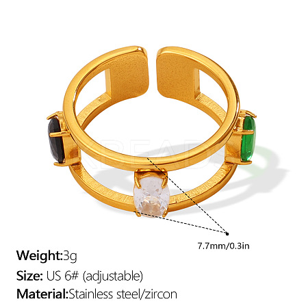 304 Stainless Steel Crystal & Jet & Emerald Rhinestone Cuff Rings WGDC4F7-02-1