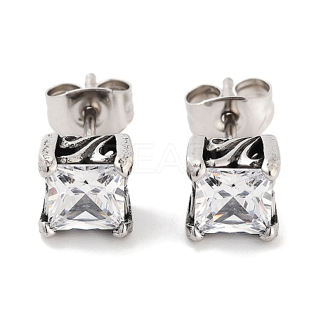 Square 316 Surgical Stainless Steel Pave Clear Cubic Zirconia Stud Earrings for Women Men EJEW-Z050-14AS-1