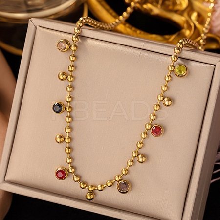 304 Stainless Steel Pave Cubic Zirconia Colorful Round Tassel Ball Chain Bib Necklaces for Women LS-NJEW-D350-01G-1