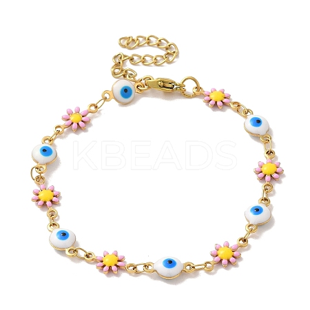 304 Stainless Steel Enamel Daisy Evil Eye Link Chain Bracelets for Women LS-BJEW-B079-03G-1