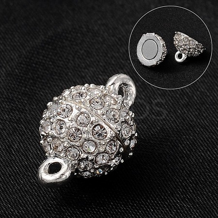 Round Alloy Rhinestone Magnetic Clasps with Loops X-ALRI-E123-02S-1