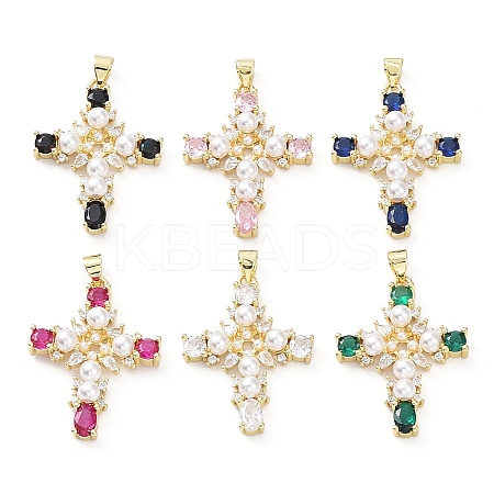 Brass Pave Cubic Zirconia with ABS Plastic Imitation Pearl Pendants KK-G467-01G-1