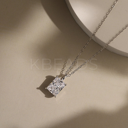 925 Sterling Silver Pave Clear Cubic Zirconia Rectangle Pendant Necklaces NJEW-G172-06P-1
