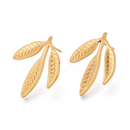 Ion Plating(IP) 304 Stainless Steel Leaf Stud Earrings for Women X-EJEW-F300-11G-1