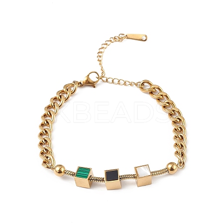 Synthetic Malachite Cube & Acrylic Round Beaded Link Bracelet BJEW-G669-03G-1