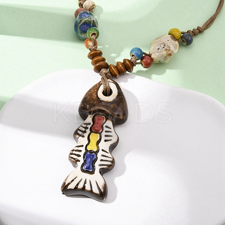 Ceramic Fish Pendant Adjustable Waxed Cord Necklaces for Women NJEW-B146-02-1