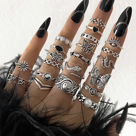 21Pcs Alloy Enamel with Plastic Pearl Finger Rings Sets FS-WG05D6A-01-1