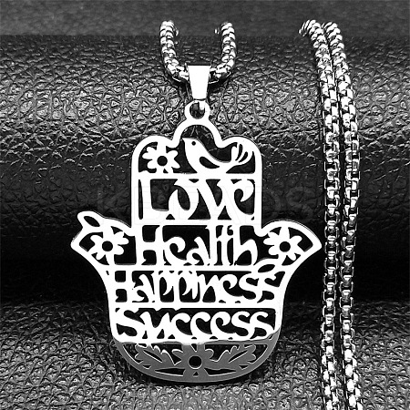 201 Stainless Steel Hollow Cut Hamsa Hand Pendant Necklaces LS-NJEW-H065-07P-1