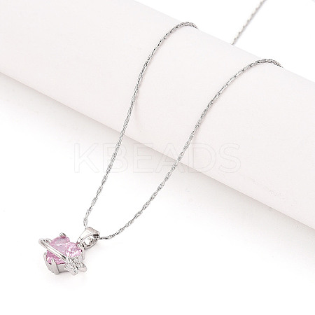 304 Brass Cubic Zirconia Heart Pendant 304 Stainless Steel Chain Necklaces NJEW-T018-01P-1