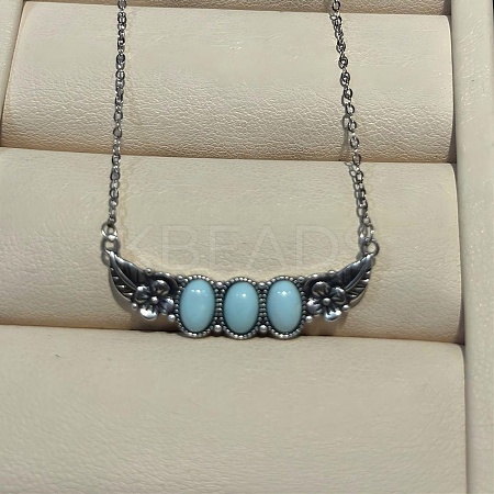 925 Sterling Silver with Dyed Synthetic Turquoise Oval with Leaf Pendant Necklaces NJEW-C109-01-1