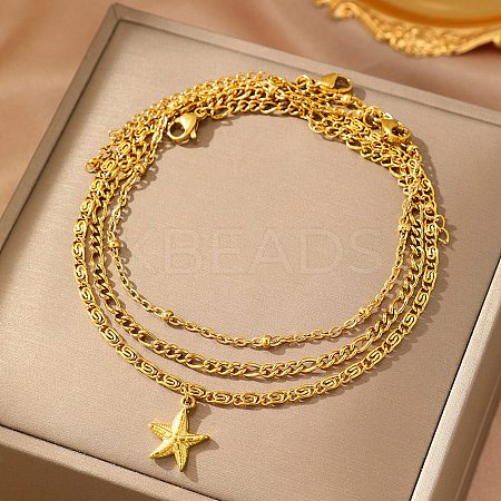 Summer Beach 304 Stainless Steel Starfish Charms 3 Layer Anklets for Women AJEW-F068-01G-1