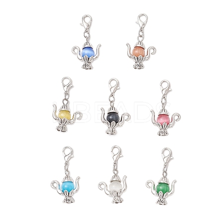 Teapot Cat Eye & Tibetan Style Alloy Pendant Decorations HJEW-JM03543-01-S-1