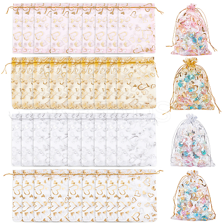80Pcs 4 Colors Heart Printed Organza Bags OP-BBC0001-50B-1