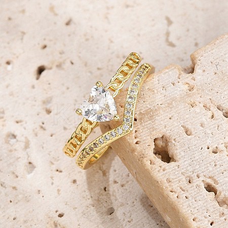 Rack Plating Brass Micro Pave Clear Cubic Zirconia Open Cuff Finger Rings for Women RJEW-M028-97G-1