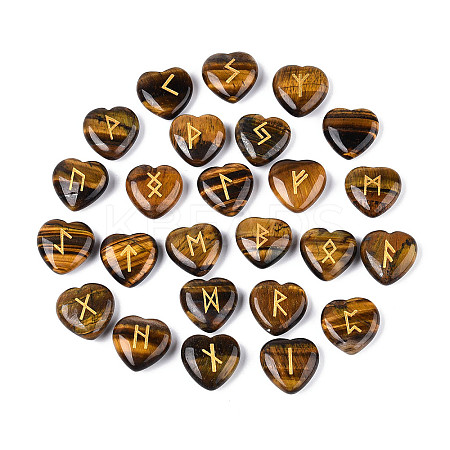 25Pcs Natural Tiger Eye Heart Rune Stones with Elder Futhark Alphabet Engraved G-T144-02B-1