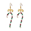 Glass Christmas Candy Cane with Alloy Bowknot Dangle Earrings EJEW-JE04971-03-1