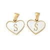 304 Stainless Steel Pave Natural White Shell Heart with Initial Slice Pendants STAS-R168-25G-S-1